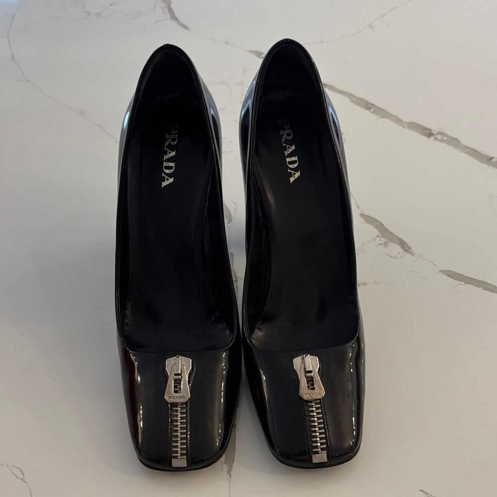 Prada Black Patent Leather Heels with Silver Zipper